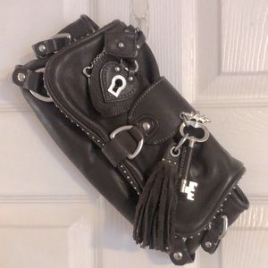 Juicy Couture clutch purse, leather, chocolate brown, key and lock silver accent